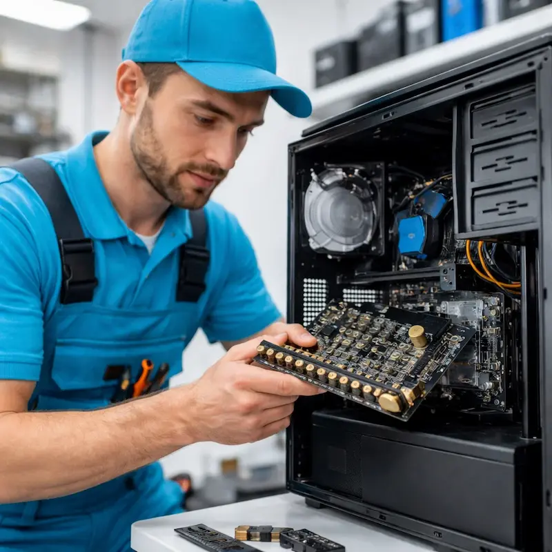 Мастер устанавливает звуковую карту на ПК в Московском